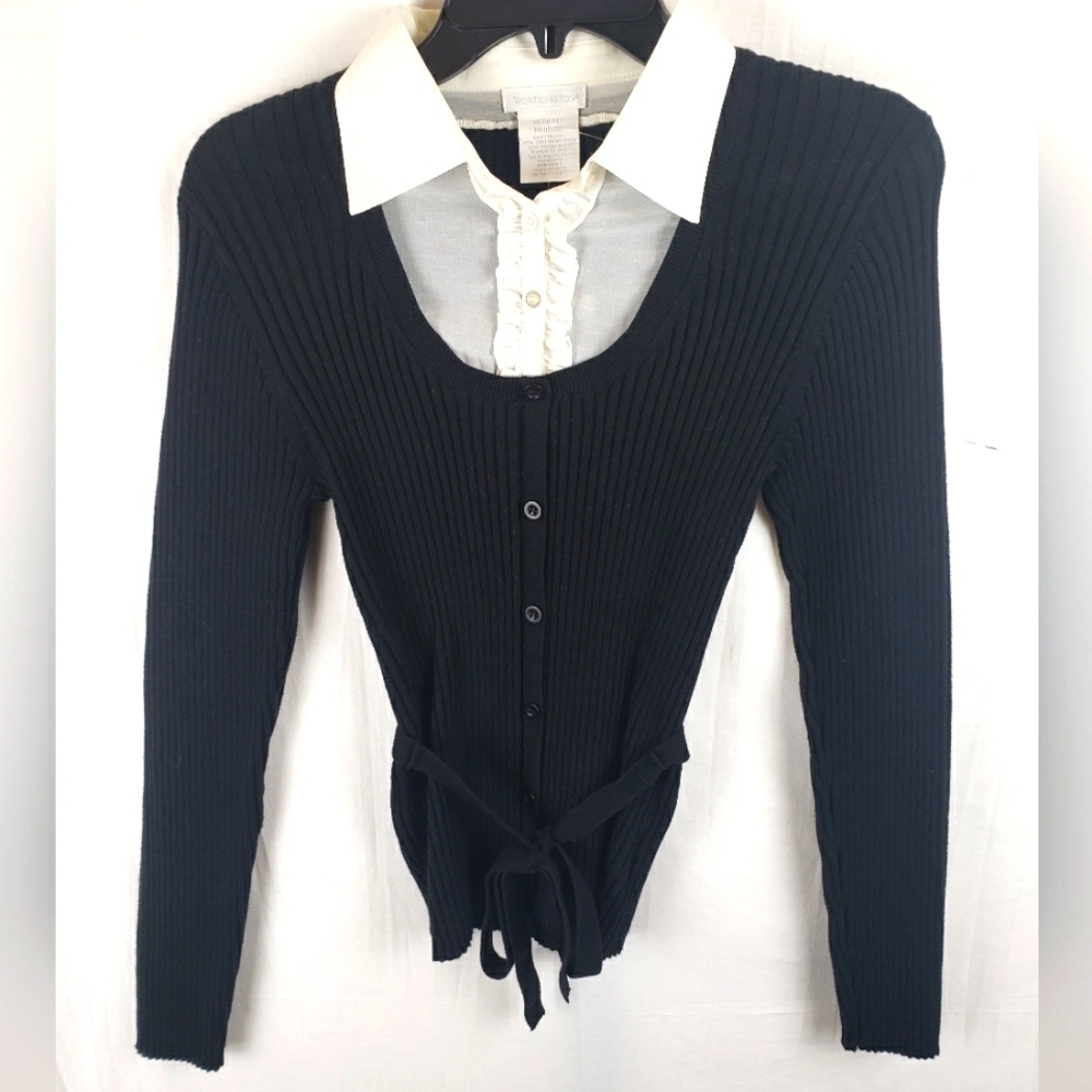 Worthington Black Button Down Long Sleeve Collared Sweater w/Tie Sz M